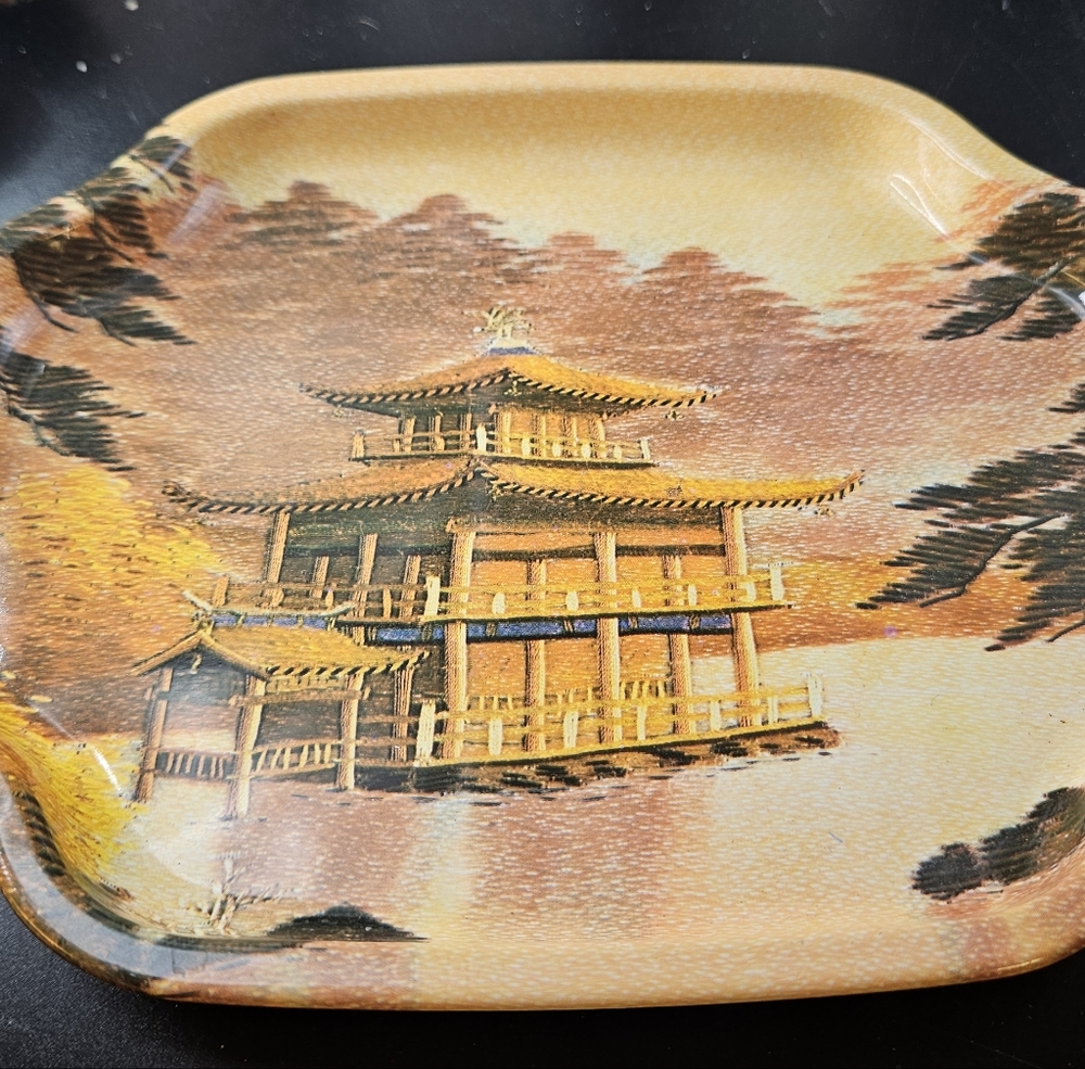 Vintage Elite Tray, Metal Tin, Pagoda Drsign.  7-1/2 In Size.